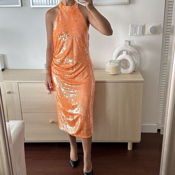 Caroline Constas Dress Womens Medium Sequin Embellished Halter Open Back Midi